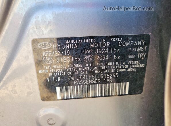 KMHD84LF8LU918265 2020 HYUNDAI ELANTRA Gray VIN კოდის სტიკერის ხედი