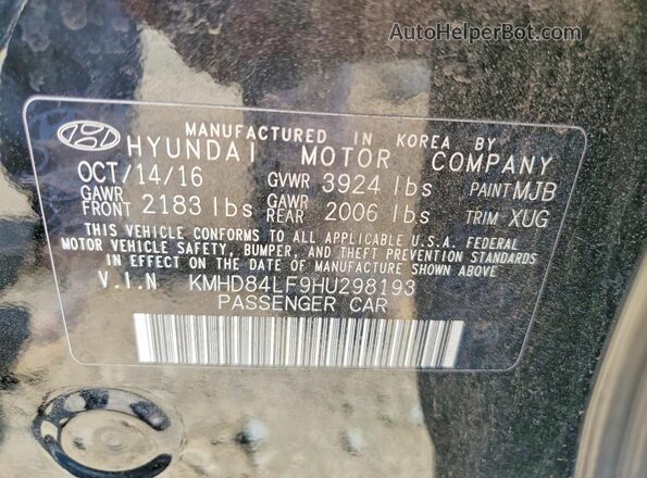 KMHD84LF9HU298193 2017 HYUNDAI ELANTRA Black Vista de la etiqueta del VIN