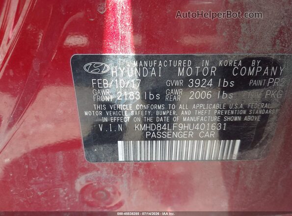 KMHD84LF9HU401631 2017 HYUNDAI ELANTRA Red ძრავის განყოფილების ხედი
