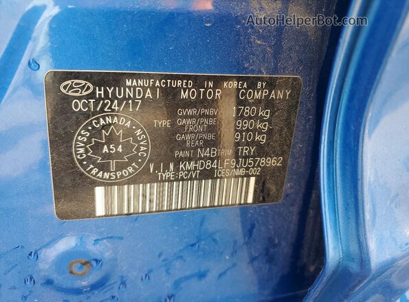 KMHD84LF9JU578962 2018 HYUNDAI ELANTRA Blue VIN կոդի պիտակի տեսք