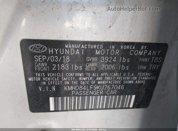 KMHD84LF9KU767046 2019 HYUNDAI ELANTRA Silver Vista del compartimento del motor
