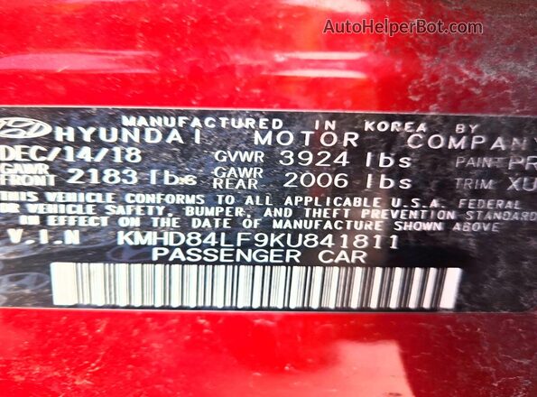 KMHD84LF9KU841811 2019 HYUNDAI ELANTRA Red ძრავის განყოფილების ხედი