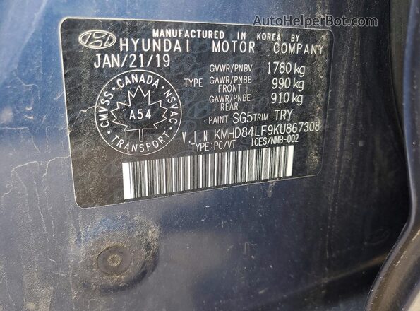 KMHD84LF9KU867308 2019 HYUNDAI ELANTRA Blue Вид підкапотного простору
