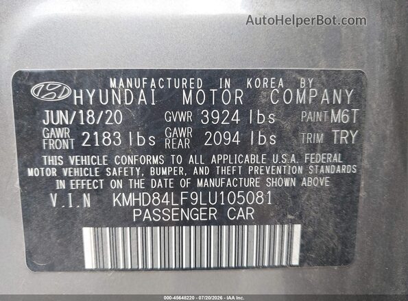 KMHD84LF9LU105081 2020 HYUNDAI ELANTRA Gray ძრავის განყოფილების ხედი