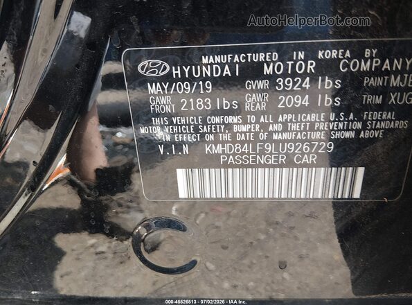 KMHD84LF9LU926729 2020 HYUNDAI ELANTRA Black ძრავის განყოფილების ხედი