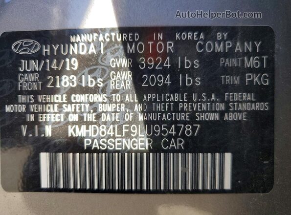 KMHD84LF9LU954787 2020 HYUNDAI ELANTRA Gray Вид наклейки з VIN-кодом