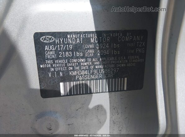 KMHD84LF9LU986297 2020 HYUNDAI ELANTRA Silver Engine compartment view