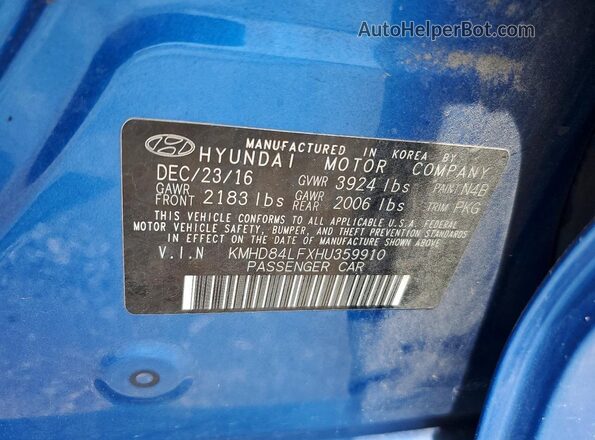 KMHD84LFXHU359910 2017 HYUNDAI ELANTRA Blue Շարժիչի բաժամունքի տեսք