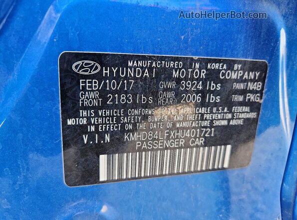 KMHD84LFXHU401721 2017 HYUNDAI ELANTRA Blue Շարժիչի բաժամունքի տեսք