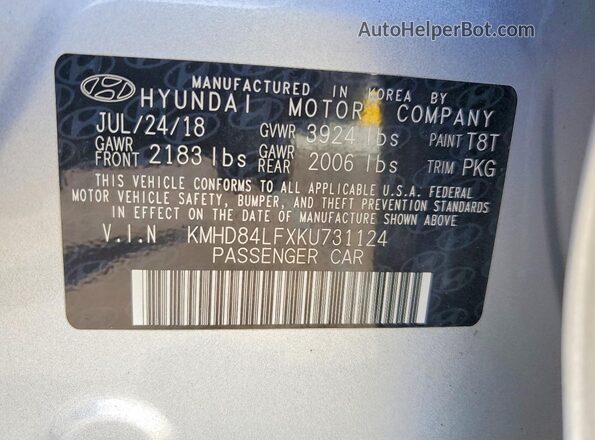 KMHD84LFXKU731124 2019 HYUNDAI ELANTRA Silver Vista del compartimento del motor