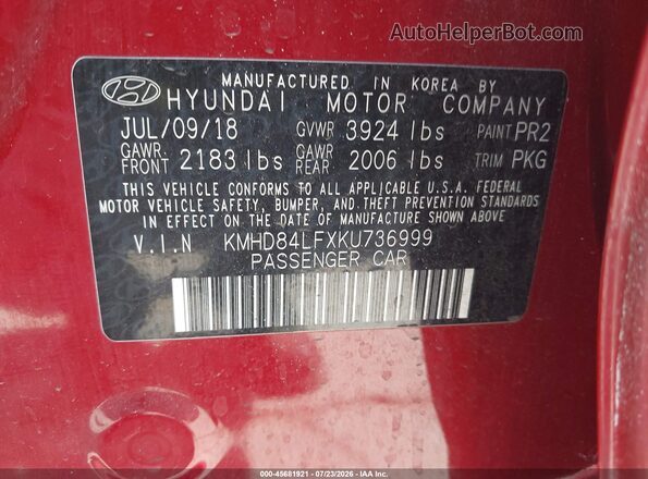 KMHD84LFXKU736999 2019 HYUNDAI ELANTRA Красный Вид подкапотного пространства