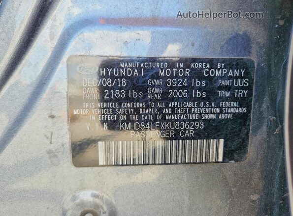 KMHD84LFXKU836293 2019 HYUNDAI ELANTRA Gray Engine compartment view