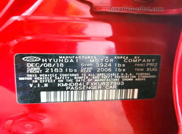KMHD84LFXKU837993 2019 HYUNDAI ELANTRA Red Vista del compartimento del motor