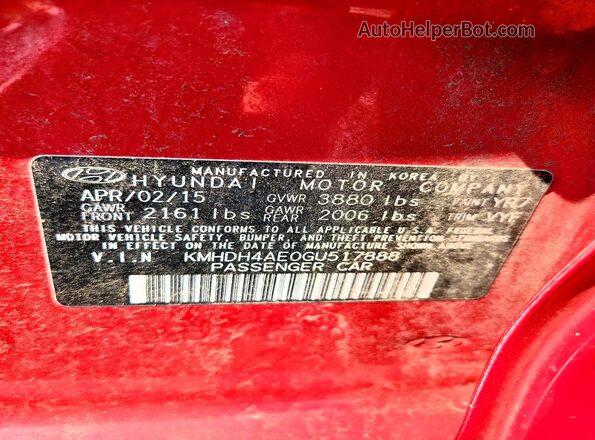 KMHDH4AE0GU517888 2016 HYUNDAI ELANTRA Red VIN sticker view