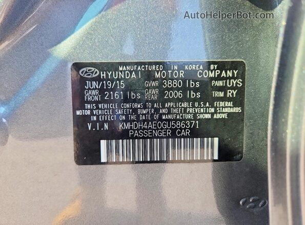 KMHDH4AE0GU586371 2016 HYUNDAI ELANTRA Gray ძრავის განყოფილების ხედი