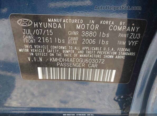 KMHDH4AE0GU603072 2016 HYUNDAI ELANTRA Blue ძრავის განყოფილების ხედი