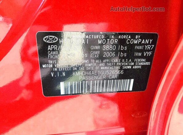 KMHDH4AE1GU526566 2016 HYUNDAI ELANTRA Red Вид підкапотного простору