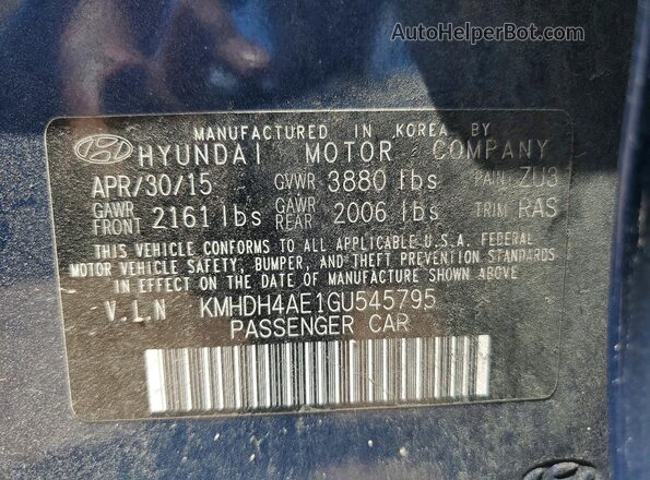KMHDH4AE1GU545795 2016 HYUNDAI ELANTRA Blue Widok komory silnika