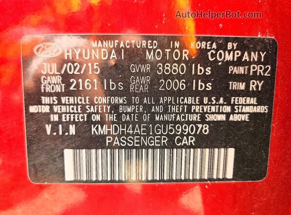 KMHDH4AE1GU599078 2016 HYUNDAI ELANTRA Red Вид наклейки з VIN-кодом