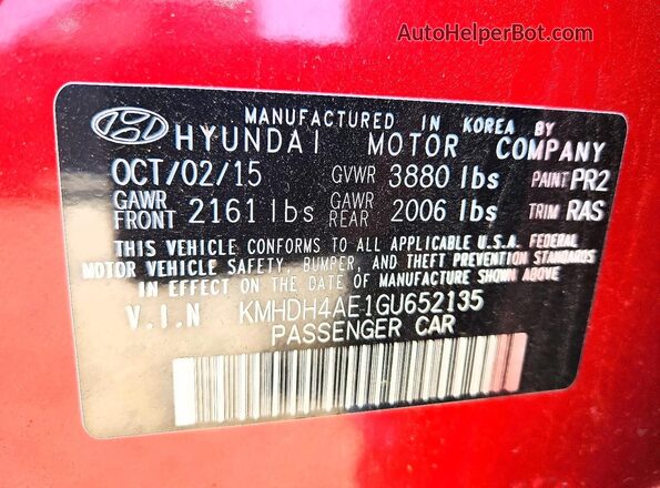 KMHDH4AE1GU652135 2016 HYUNDAI ELANTRA Red Вид наклейки з VIN-кодом