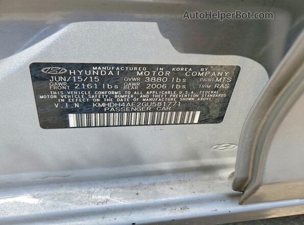 KMHDH4AE2GU581771 2016 HYUNDAI ELANTRA Silver VIN sticker view