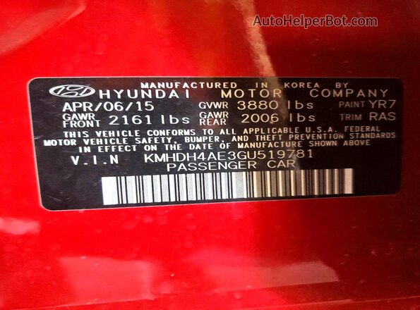 KMHDH4AE3GU519781 2016 HYUNDAI ELANTRA Red VIN կոդի պիտակի տեսք