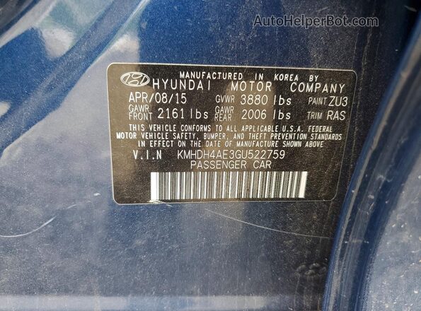 KMHDH4AE3GU522759 2016 HYUNDAI ELANTRA Blue Widok komory silnika