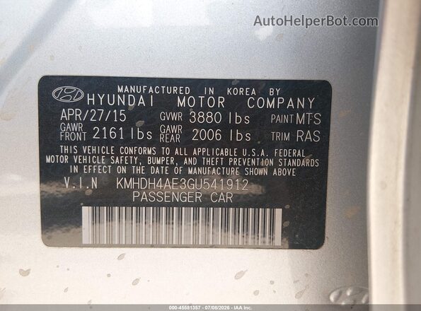 KMHDH4AE3GU541912 2016 HYUNDAI ELANTRA Серебряный Вид сзади
