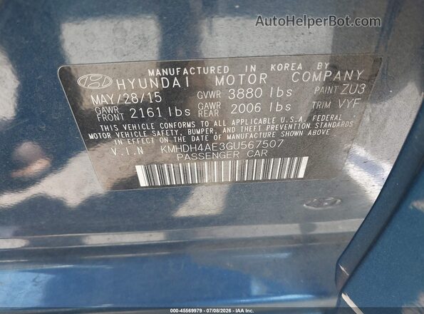 KMHDH4AE3GU567507 2016 HYUNDAI ELANTRA Blue Vista del compartimento del motor