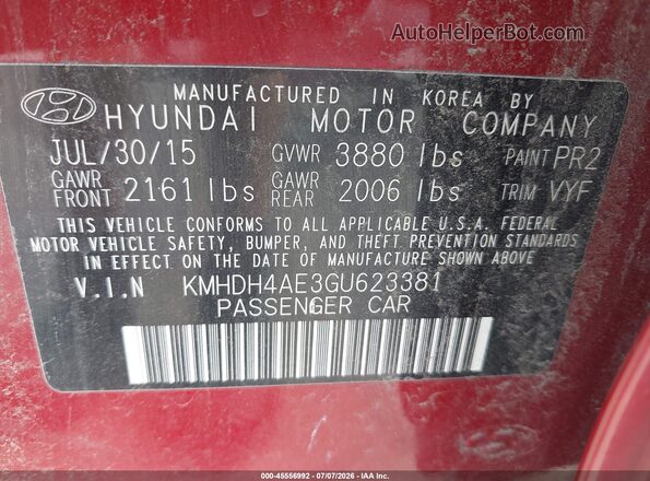 KMHDH4AE3GU623381 2016 HYUNDAI ELANTRA Red Widok komory silnika