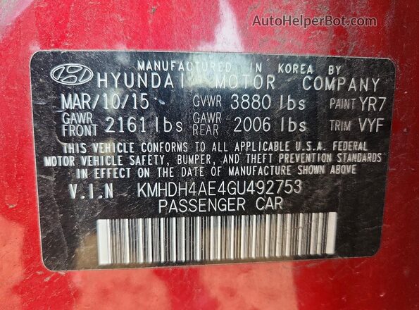 KMHDH4AE4GU492753 2016 HYUNDAI ELANTRA Red Вид наклейки з VIN-кодом