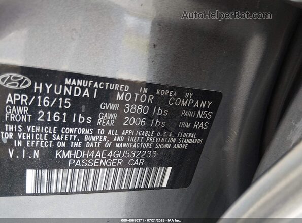KMHDH4AE4GU532233 2016 HYUNDAI ELANTRA Gray Widok komory silnika