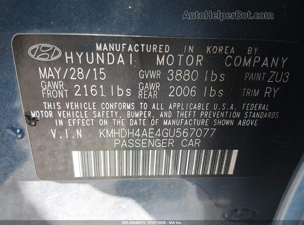 KMHDH4AE4GU567077 2016 HYUNDAI ELANTRA Blue Engine compartment view
