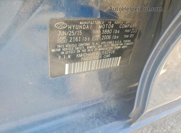 KMHDH4AE4GU592416 2016 HYUNDAI ELANTRA Blue Widok naklejki z numerem VIN