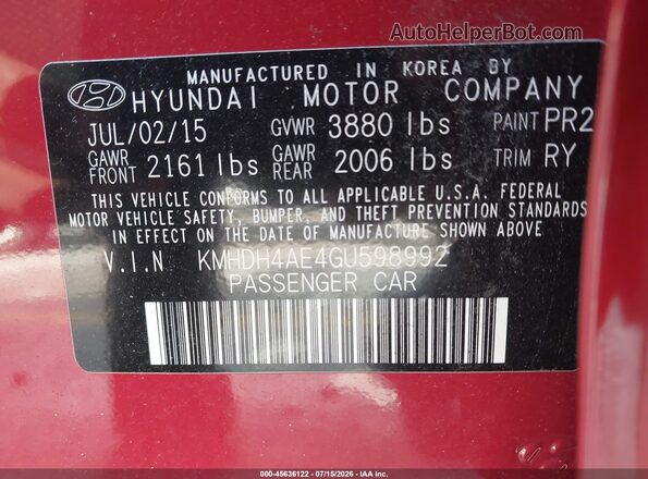 KMHDH4AE4GU598992 2016 HYUNDAI ELANTRA Red ძრავის განყოფილების ხედი