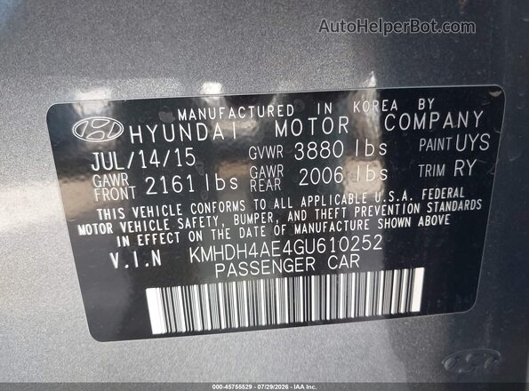 KMHDH4AE4GU610252 2016 HYUNDAI ELANTRA Gray Вид підкапотного простору