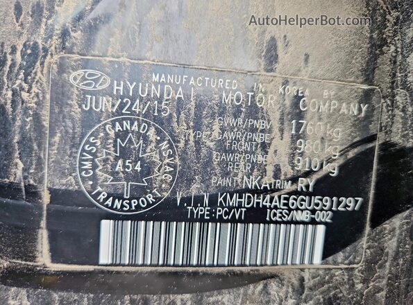 KMHDH4AE6GU591297 2016 HYUNDAI ELANTRA Black VIN կոդի պիտակի տեսք