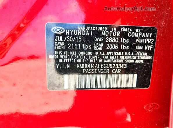KMHDH4AE6GU623343 2016 HYUNDAI ELANTRA Red Vista del compartimento del motor