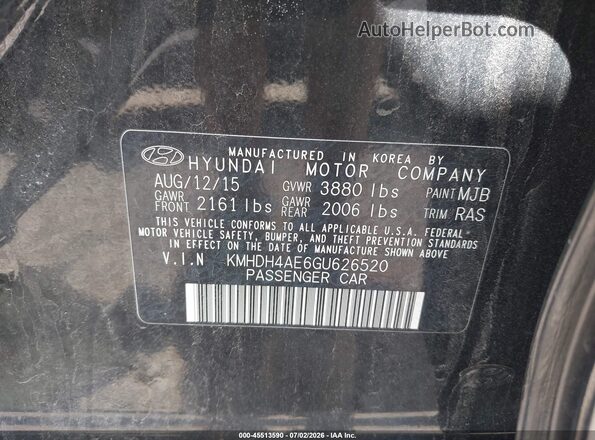 KMHDH4AE6GU626520 2016 HYUNDAI ELANTRA Black Vista del compartimento del motor