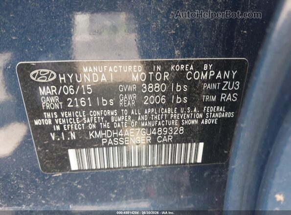 KMHDH4AE7GU489328 2016 HYUNDAI ELANTRA Синий Вид подкапотного пространства