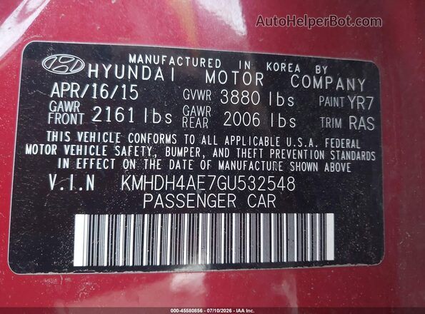 KMHDH4AE7GU532548 2016 HYUNDAI ELANTRA Red Շարժիչի բաժամունքի տեսք