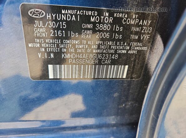 KMHDH4AE8GU623148 2016 HYUNDAI ELANTRA Синий Вид подкапотного пространства