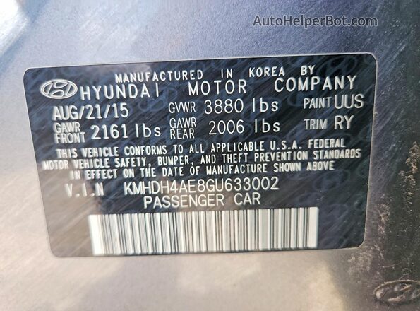 KMHDH4AE8GU633002 2016 HYUNDAI ELANTRA Gray Engine compartment view