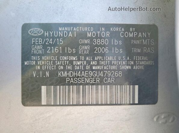 KMHDH4AE9GU479268 2016 HYUNDAI ELANTRA Silver VIN sticker view