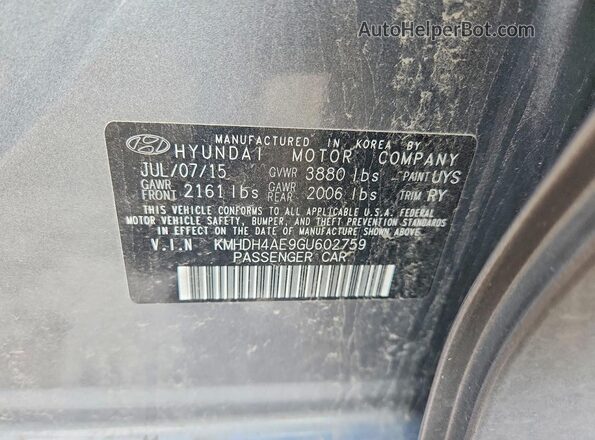 KMHDH4AE9GU602759 2016 HYUNDAI ELANTRA Gray Engine compartment view