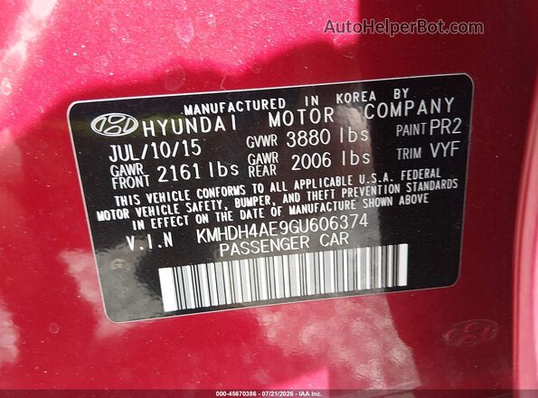 KMHDH4AE9GU606374 2016 HYUNDAI ELANTRA Red Вид підкапотного простору