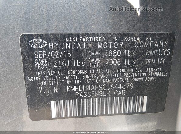 KMHDH4AE9GU644879 2016 HYUNDAI ELANTRA Gray Engine compartment view