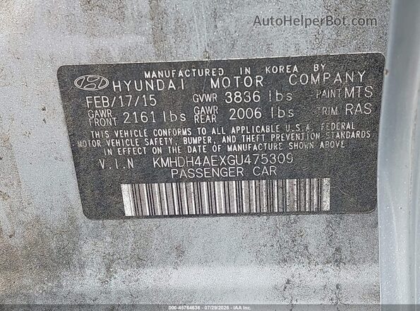 KMHDH4AEXGU475309 2016 HYUNDAI ELANTRA Silver Вид підкапотного простору