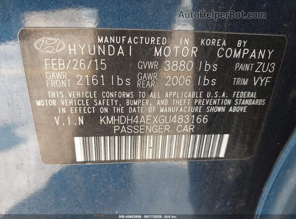 KMHDH4AEXGU483166 2016 HYUNDAI ELANTRA Blue Widok komory silnika