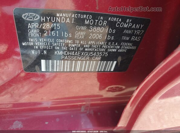 KMHDH4AEXGU543575 2016 HYUNDAI ELANTRA Red Widok komory silnika